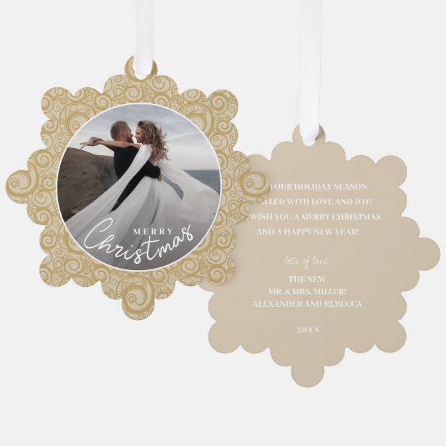 Wedding Photo on Gold Swirl Christmas  Tree Decoration Card (Front/Back)