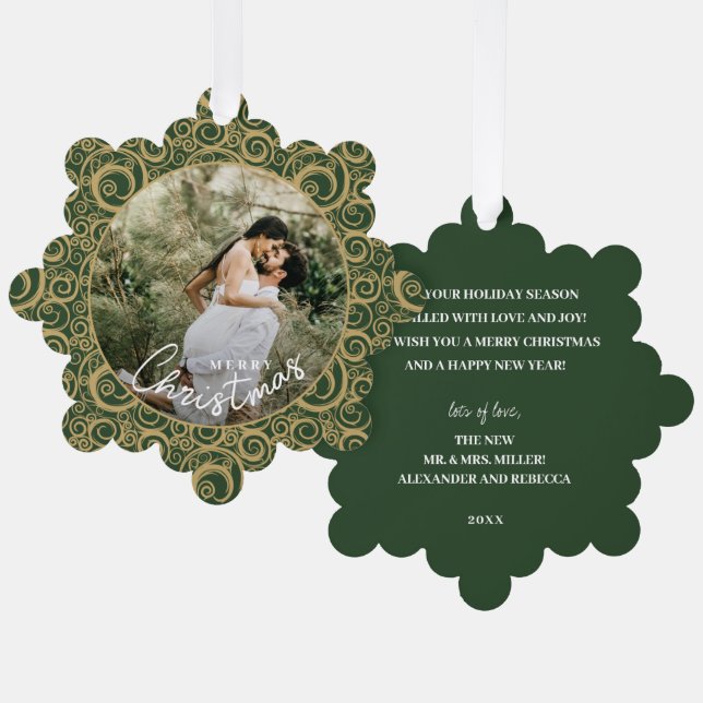 Wedding Photo on Gold Swirl Green Christmas  Tree Decoration Card (Front/Back)
