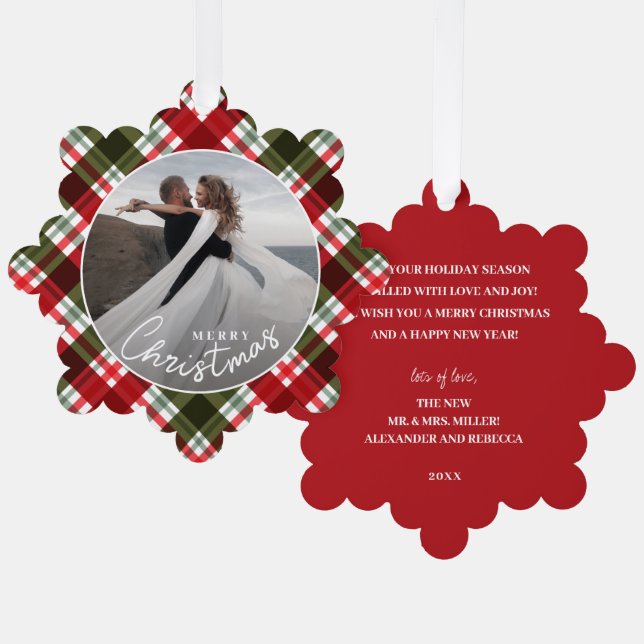 Wedding Photo on Plaid Plaid Christmas  Tree Decoration Card (Front/Back)