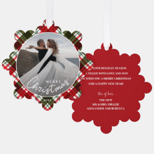 Wedding Photo on Plaid Plaid Christmas  Tree Decoration Card