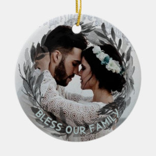 Wedding Photo Personalized Floral Wreath With Name Ceramic Tree Decoration