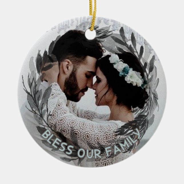 Wedding Photo Personalized Floral Wreath With Name Ceramic Tree Decoration (Front)