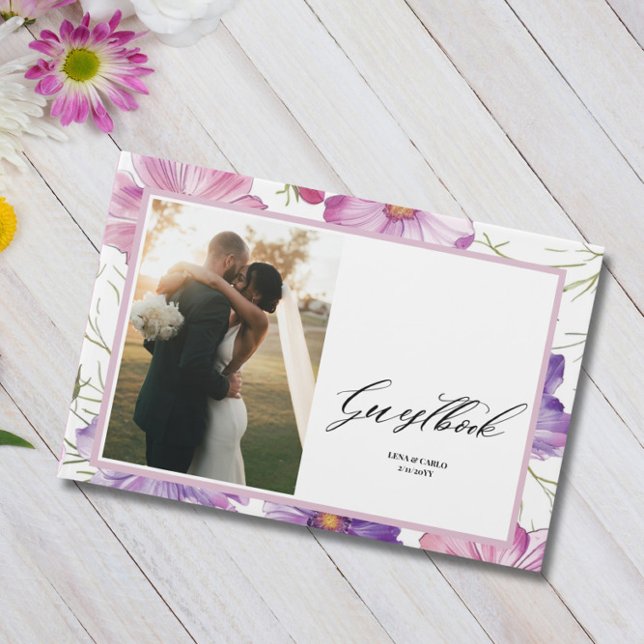 Wedding Photo Pink Purple Floral Wedding Guest Book (Creator Uploaded)