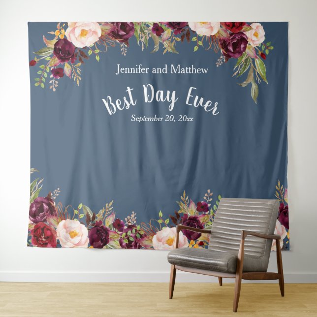 Wedding Photo Prop Watercolor Burgundy Floral Blue Tapestry (In Situ (Horizontal))