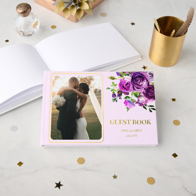 Wedding Photo Purple Floral Wedding Guest Book (Front Open)