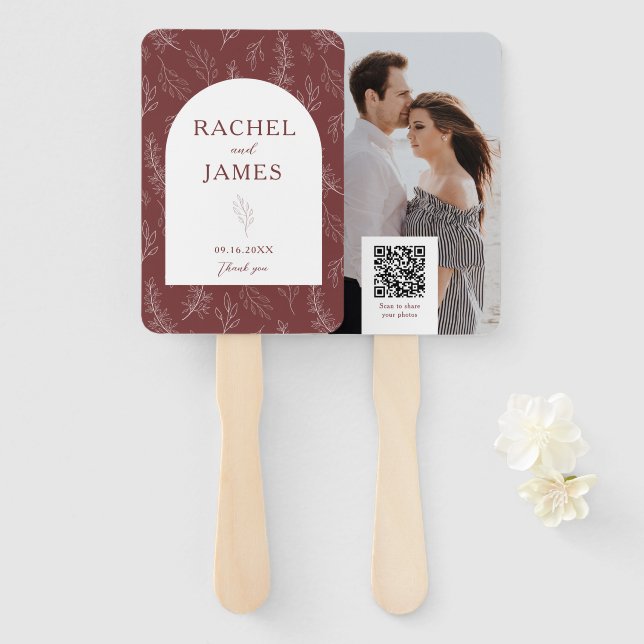 Wedding Photo QR Code Personalised Terracotta Boho Hand Fan (Front and Back)