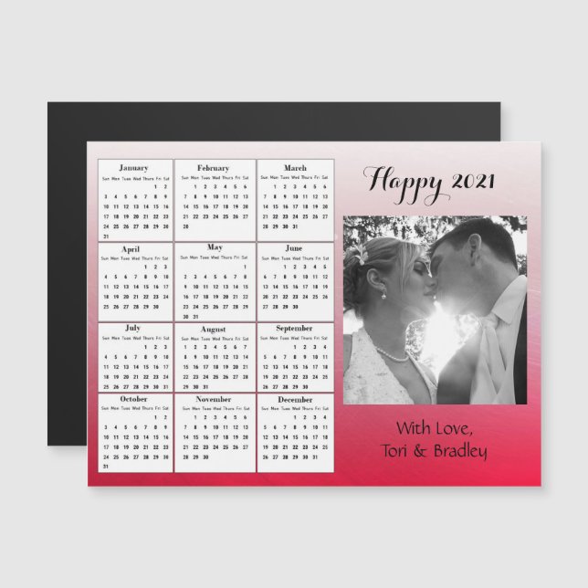 Wedding Photo Red Gradient  Mini 2021 Calendar Magnetic Invitation (Front/Back)