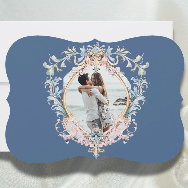 Wedding Photo Regency Era Blue Monogram  Save The Date (Creator Uploaded)