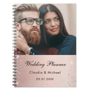 Wedding photo rose gold glitter bride notebook