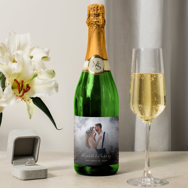 Wedding Photo Rose Gold Glitter Dark Sparkling Wine Label (Creator Uploaded)
