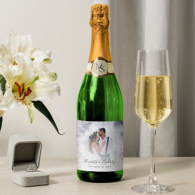 Wedding Photo Rose Gold Glitter Sparkling Wine Label (Creator Uploaded)