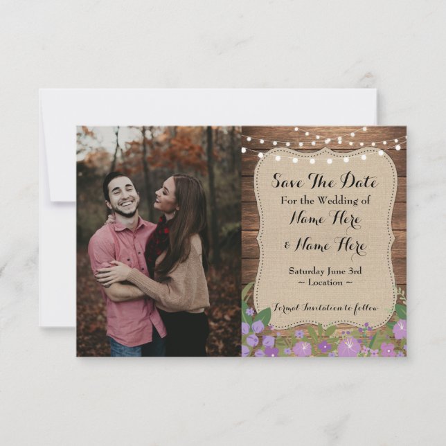 Wedding Photo Save The Date Burlap Wood Engagement Invitation (Front)