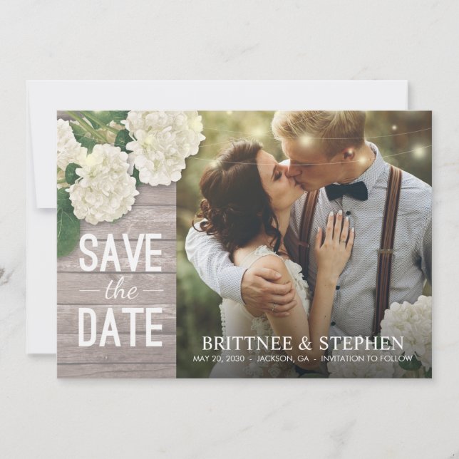 Wedding Photo Save The Date Hydrangeas Lights Wood (Front)