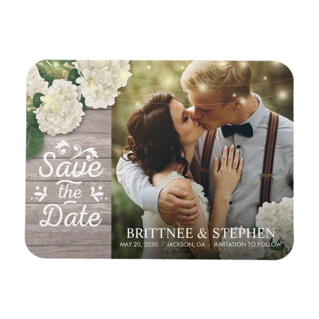 Wedding Photo Save The Date Hydrangeas Lights Wood Magnet (Horizontal)