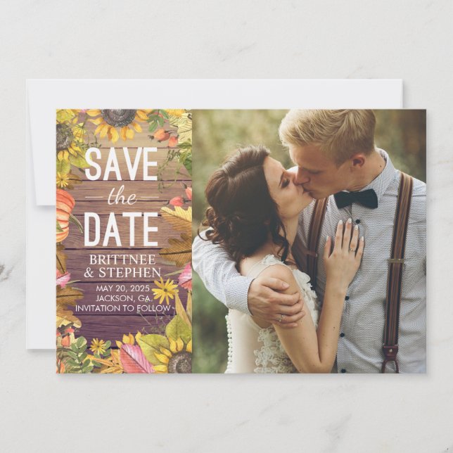 Wedding Photo Save The Date Maple Leaves Pumpkins (Front)