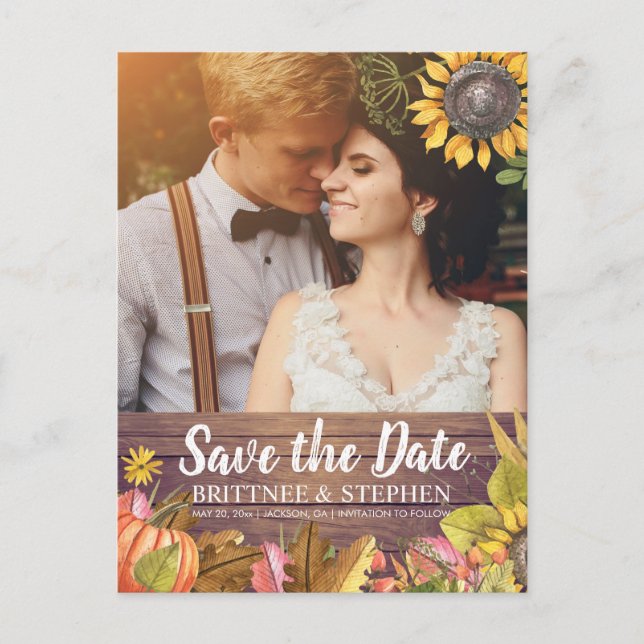Wedding Photo Save The Date Maple Leaves Pumpkins Postcard (Front)