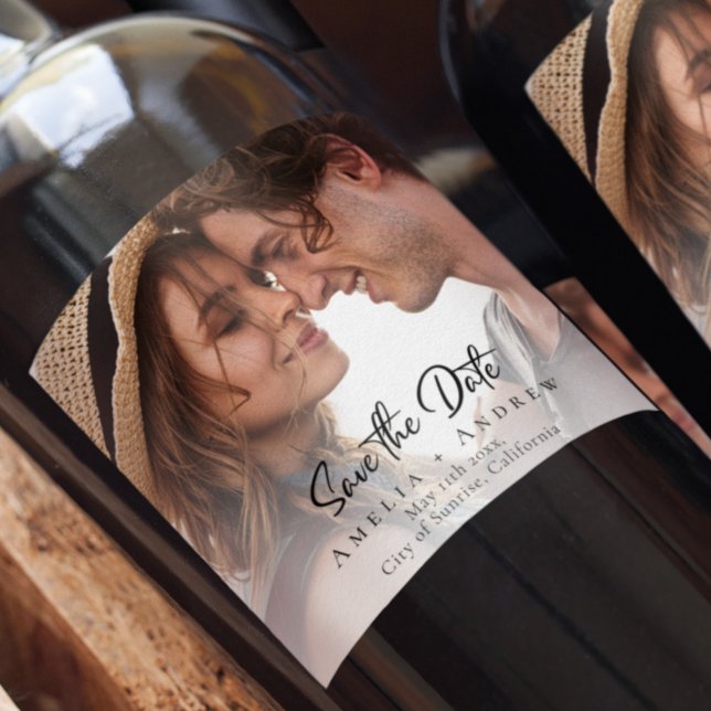 Wedding Photo Save the Date Minimalist Wine Label (Creator Uploaded)