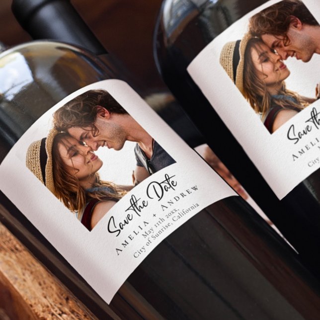 Wedding Photo Save the Date Minimalist Wine Label (Unique Wedding Save the Date Wine Label custom with photo)