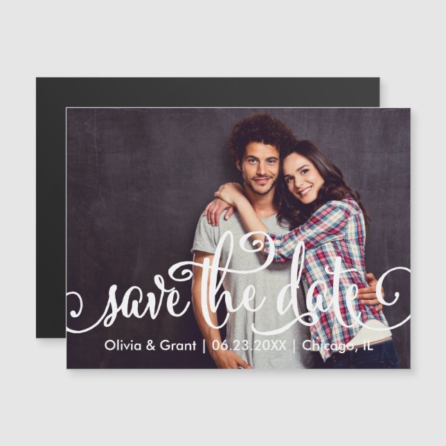 Wedding Photo Save the Date | Modern White Script Magnetic Invitation (Front/Back)