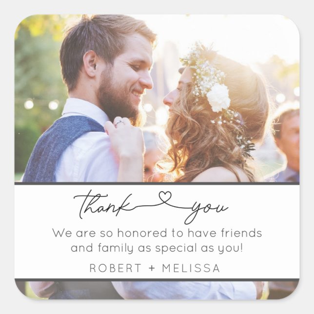 Wedding Photo Script Thank You Favour Square Sticker (Front)