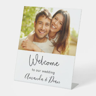 Wedding photo script white welcome pedestal sign