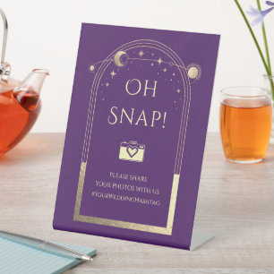 Wedding Photo Sharing Oh Snap Purple Gold Pedestal Sign