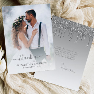 Wedding Photo Silver Glitter Drip Thank You Card