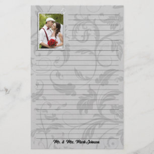 Wedding Photo Taupe Damask Wedding Lined Stationery
