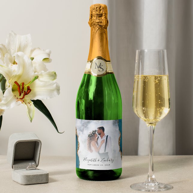 Wedding Photo Teal Gold Agate Sparkling Wine Label (Creator Uploaded)