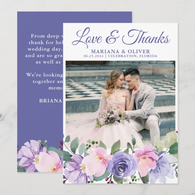Wedding Photo Thank You Card Lavender Floral (Front/Back)
