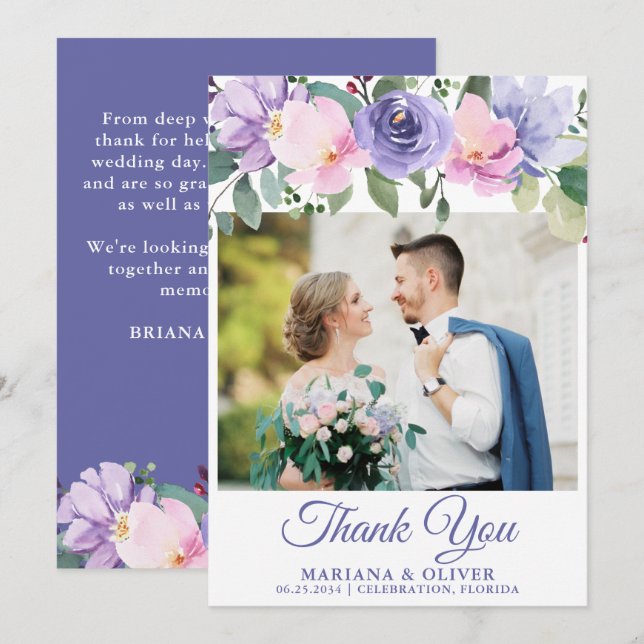 Wedding Photo Thank You Card Lavender Pink Floral (Front/Back)