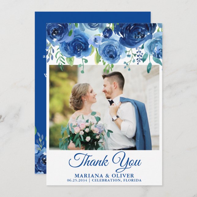 Wedding Photo Thank You Card Navy Blue Floral (Front/Back)