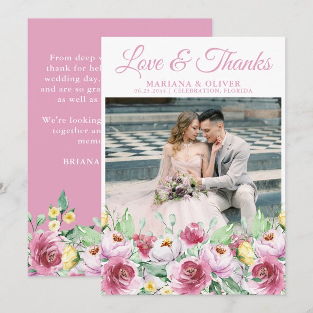 Wedding Photo Thank You Card Pink Yellow Floral (Front/Back)