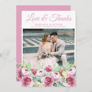 Wedding Photo Thank You Card Pink Yellow Floral