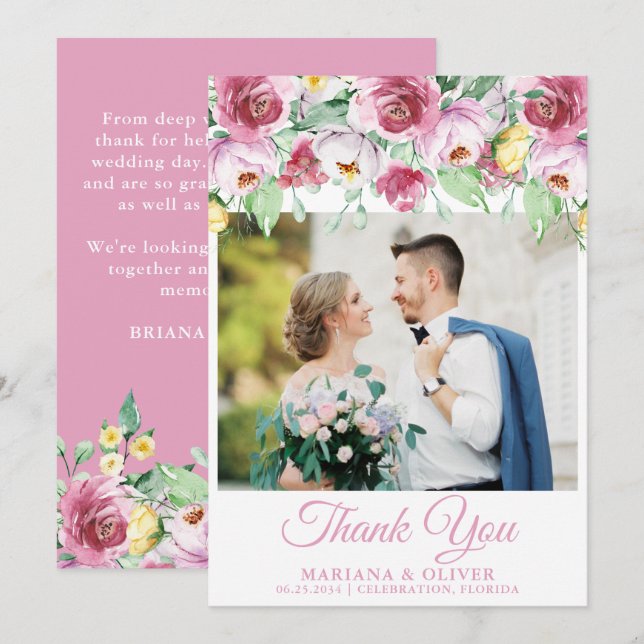 Wedding Photo Thank You Card Pink Yellow Floral (Front/Back)
