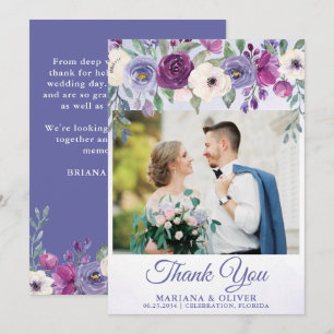 Wedding Photo Thank You Card Purple Fuchsia Floral