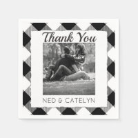 Wedding Photo Thank You Monogram B&W Buffalo Check