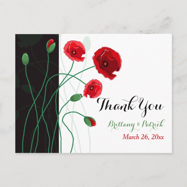 Wedding PHOTO Thank You Postcard | Red Poppies (Front)