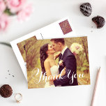 Wedding Photo Thank You | White Elegant Script Postcard<br><div class="desc">Classic wedding thank you post card template features a photo on the front and back, "Thank You" in an elegant white script font, and custom text thank you message that can be personalised. White background on the back of the card can be customised to another colour via Customise it /...</div>
