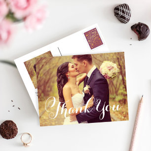 Wedding Photo Thank You   White Elegant Script Postcard