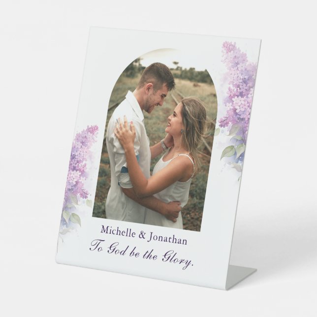 Wedding Photo To God be the Glory Christian Lilac Pedestal Sign (Front)