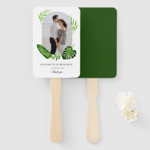 Wedding Photo Tropical Greenery Custom Name Date Hand Fan