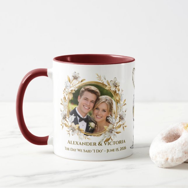 Wedding Photo Upload Personalised Mug, Anniversary Mug (With Donut)