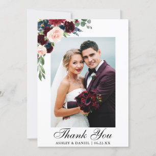 Wedding Photo Watercolor Burgundy Blue Floral Thank You Card