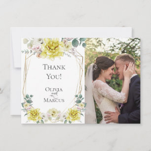 Wedding Photo Watercolor Yellow Peony Flowers Thank You Card
