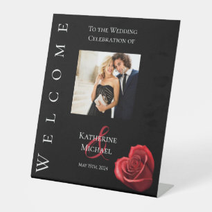 Wedding Photo Welcome Sign-Heart Shaped Red Rose- Pedestal Sign