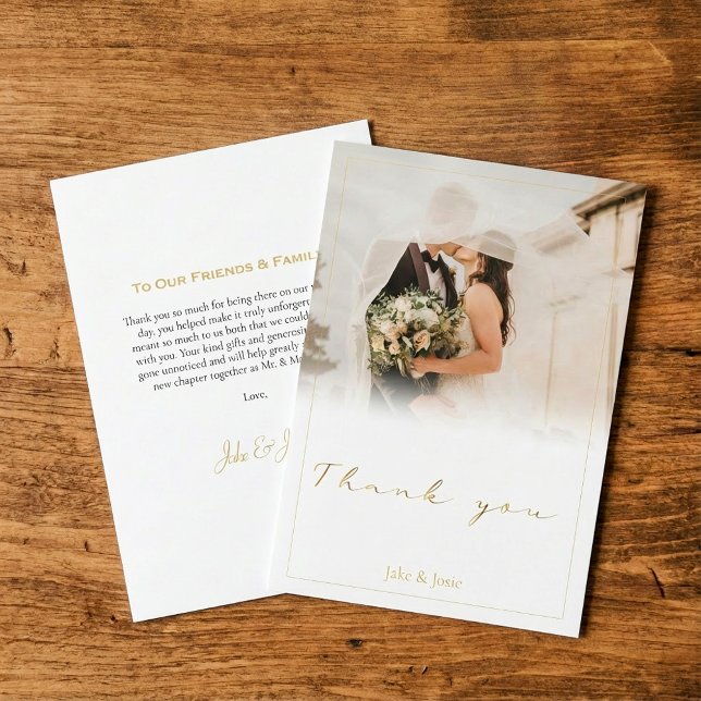 Wedding photo white gradient, gold script wedding thank you card (Wedding photo white gradient, gold script wedding thank you card.)