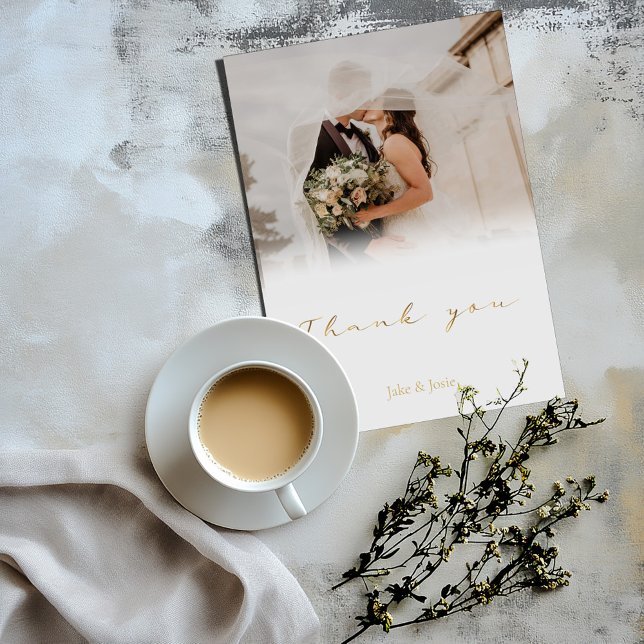 Wedding photo, white gradient, gold script wedding thank you card (Wedding "Thank you" card with gold script and wedding photo with a faded to white effect)