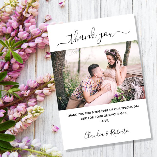 Wedding photo white script thank you card (Creator Uploaded)