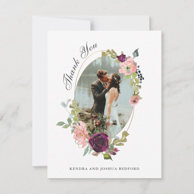 Wedding Photo With Burgundy and Blush Oval Frame Thank You Card (Front)